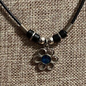 Retro 70's Blue Stone Flower Necklace on Black Rope Chain